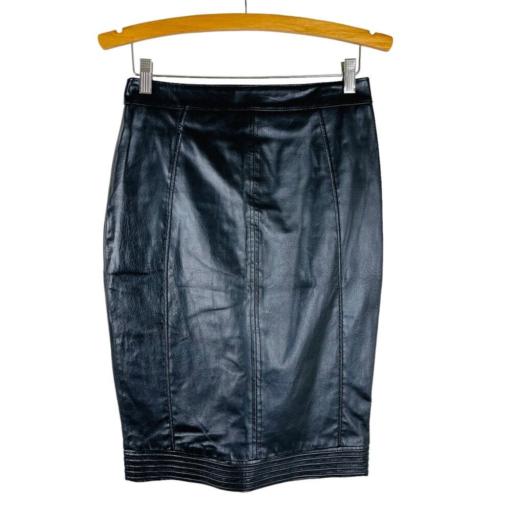 Vintage black leather ribbed 80s 90s high waisted midi skirt 4